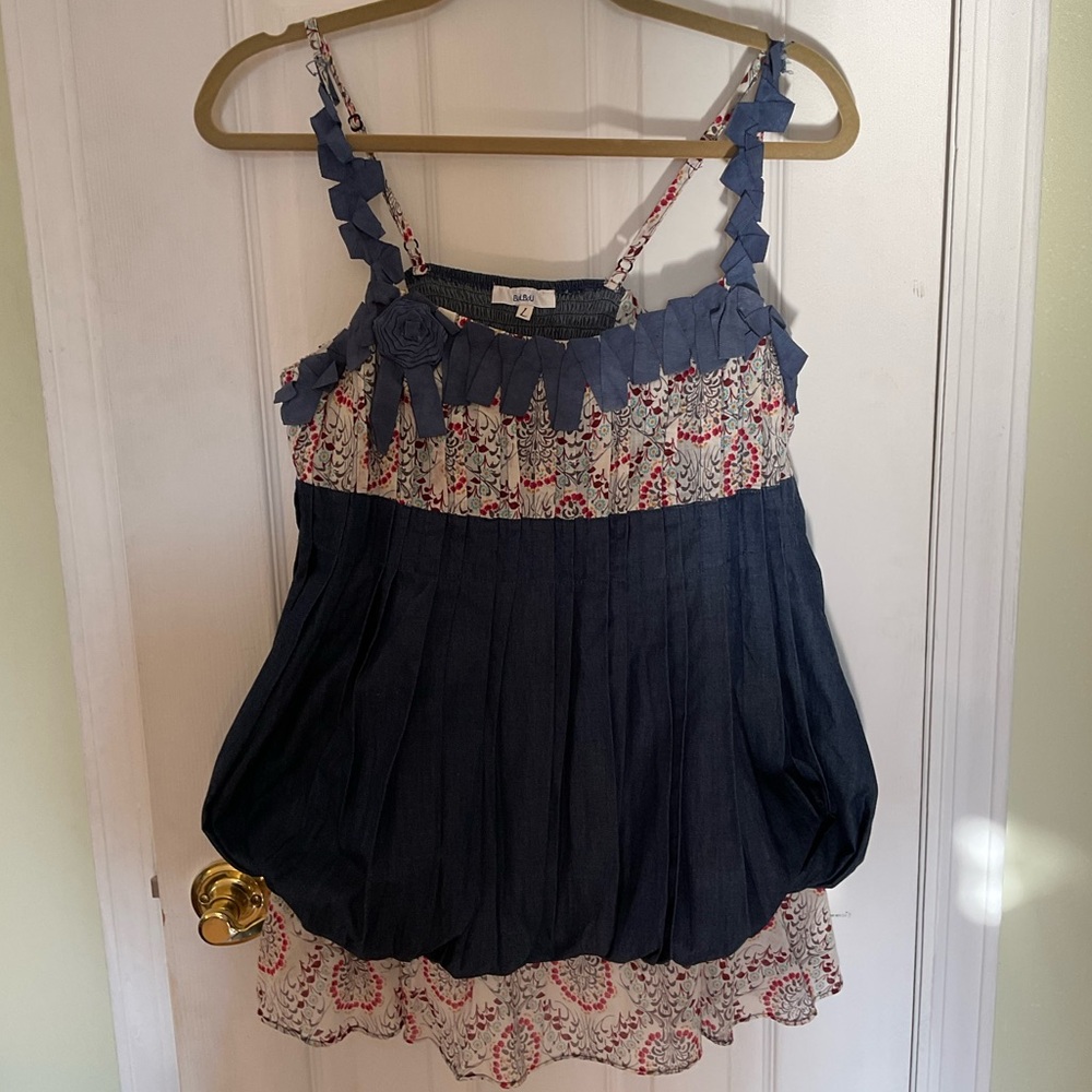 BouBou Unique Denim & Floral Ruffle Women's Blouse